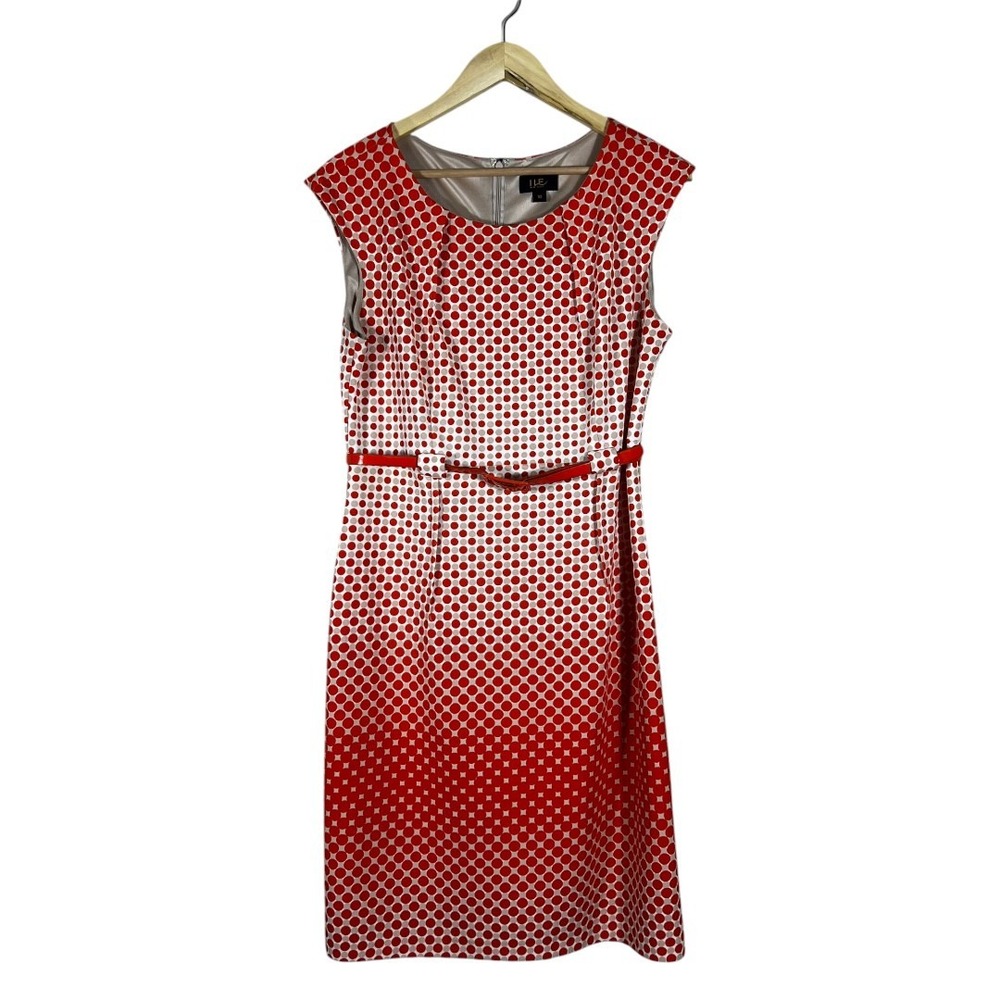 ILE New York Polka Dot Ombre Sheath Dress Red Tan Retro Belted Size 10